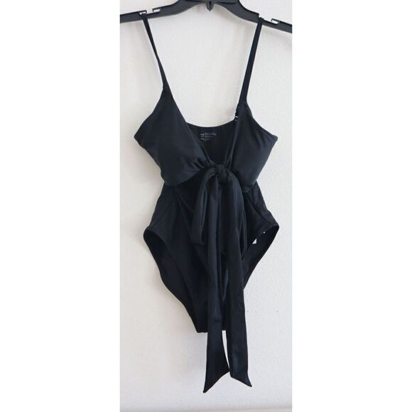Aerie Womens Sz S True Black Real Good Wrap Around Detail One Piece Swimsuit - Picture 1 of 6